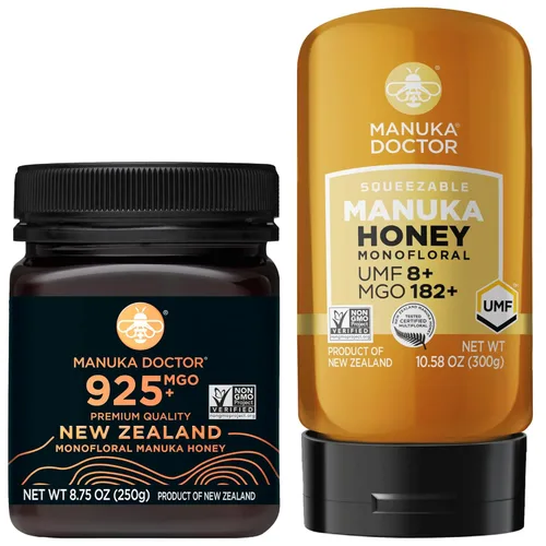 MANUKA DOCTOR - Paquete económico monofloral de miel de manuka MGO 925+ y MGO 182+ SQUEEZY, miel 100% pura de Nueva Zelanda. Certificado.