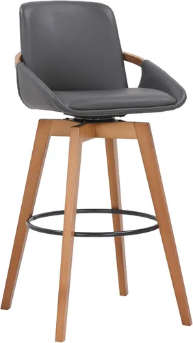 Armen Living Baylor Taburete de bar giratorio moderno de mediados de siglo para encimera de isla de cocina en piel sintética gris y madera de nogal,