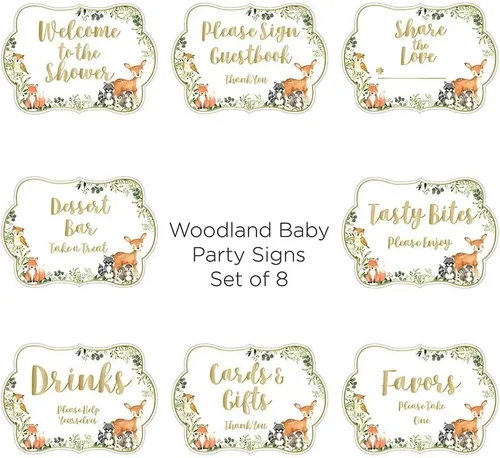 Kate Aspen Decoraciones de baby shower de bosque, kit de letreros decorativos (8 letreros diferentes, letrero de bienvenida para baby shower y más)