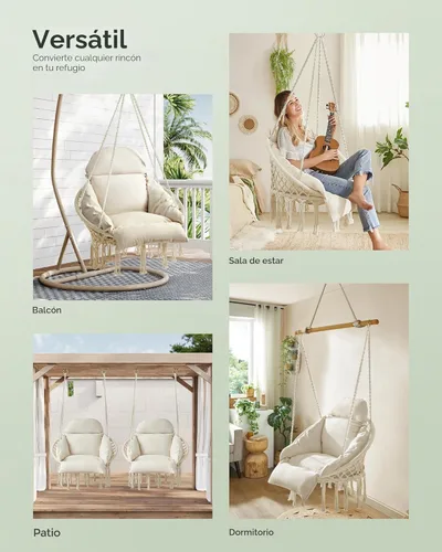 Miniatura 5 de SONGMICS UGDC042M01 - Silla colgante, hamaca con cojín grande y grueso, silla columpio bohemia para dormitorio, patio, balcón, jardín, soporta hasta