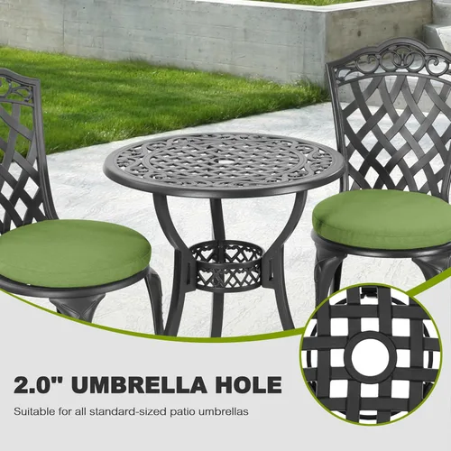 Miniatura 4 de NUU GARDEN Juego de 3 piezas de aluminio fundido para patio, mesa y sillas para exteriores, juego de 2 con agujero para sombrilla y cojines verdes