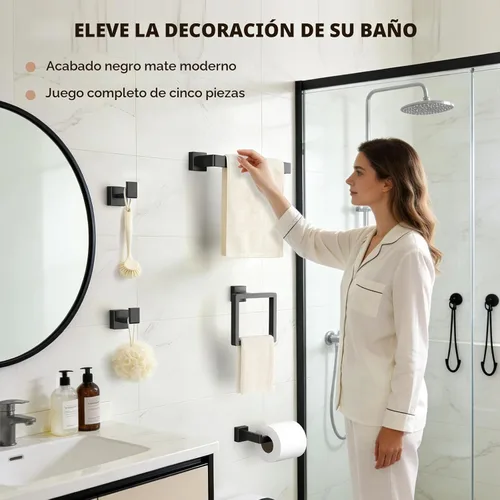 Miniatura 6 de Juego de accesorios de baño de 5 piezas en negro mate, juego de barras de toallas de baño de acero inoxidable SUS304, toalleros para baño montados