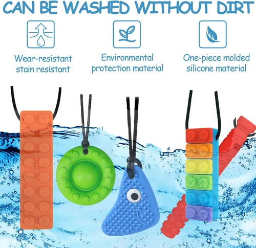 Miniatura 4 de Collares masticables para niños sensoriales, paquete de 5 juguetes sensoriales de silicona para masticar, collar masticable multiestilo, ayuda