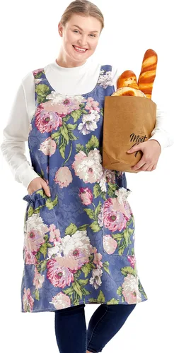 Miniatura 15 de Delantales grandes de talla grande para mujer con bolsillos de algodón y lino para hornear cocina