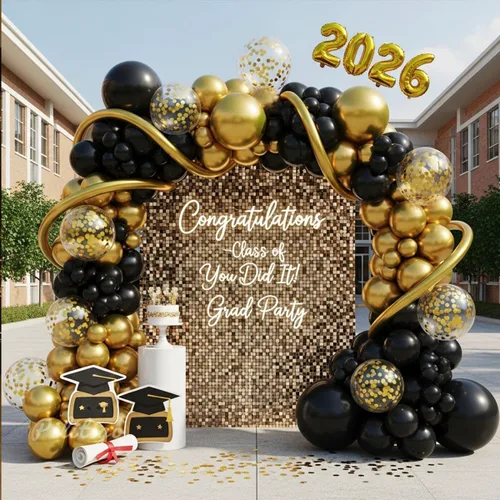 Miniatura 2 de Kit de arco de globos negros y dorados, 114 piezas de oro negro con confeti y globos largos para decoraciones de graduación 2026, cumpleaños