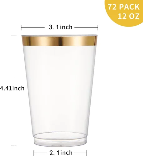 Miniatura 2 de N9R 72 vasos de plástico dorados, vasos de plástico transparente de 12 onzas con borde dorado, vasos desechables perfectos para fiestas, bodas