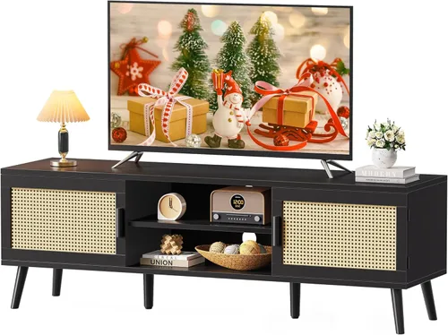 SUPERJARE Soporte de TV para TV de 65 pulgadas, centro de entretenimiento con estante ajustable, consola de TV de ratán con 2 gabinetes, consola