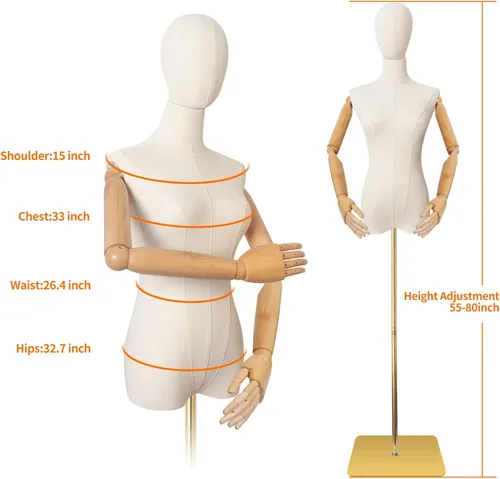 Miniatura 5 de Maniquí Cuerpo Vestido Femenino Forma Lino Tela Manikin Torso con Cabeza Desmontable Altura Ajustable Soporte de Metal, Dos Manos de Madera