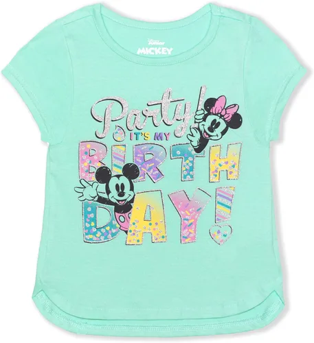 Disney Camiseta de fiesta de cumpleaños de Minnie Mouse y Mickey Mouse para niñas pequeñas y niños, azul o rosa o rojo