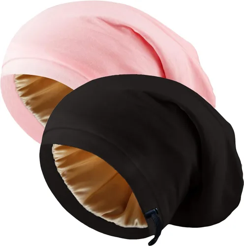 Miniatura 14 de 2 Pcs Adjustable Silk Hair Bonnet for Sleeping, Satin Lined Sleep Cap for Women and Men, Silk Hair Wrap Slouch Beanie.