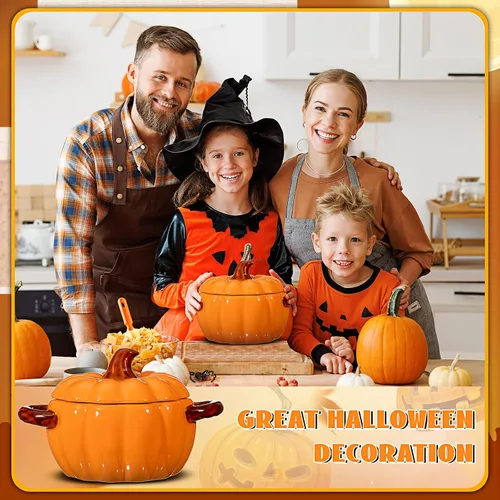 Miniatura 5 de Uiifan 2 cuencos de calabaza de cerámica para cocinar Acción de Gracias, cacerola de 17 onzas, plato de sopa naranja, lindo recipiente seguro