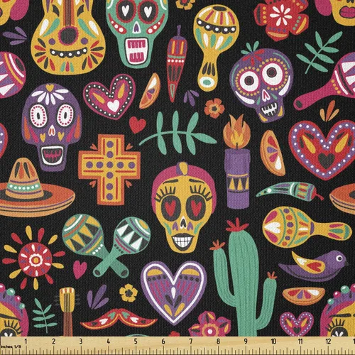 Miniatura 38 de Ambesonne The Yard, tela de calavera colorida con temática de Halloween, diseño de calavera y huesos cruzados, divertido estampado de dibujos