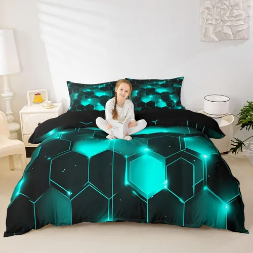 Miniatura 19 de Funda de edredón hexagonal verde estereoscópica de nido de abeja para niños, diseño geométrico de colmena, funda de edredón geométrica de panal
