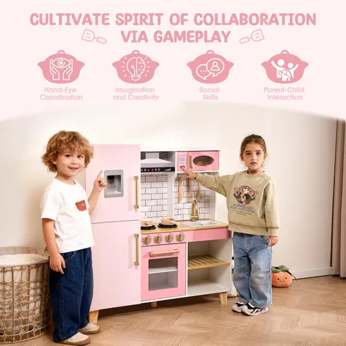 Miniatura 7 de Cocina de juego de madera para niños a partir de 3 años, cocina de juguete de simulación con luces y sonidos reales, estufa, fregadero, microondas