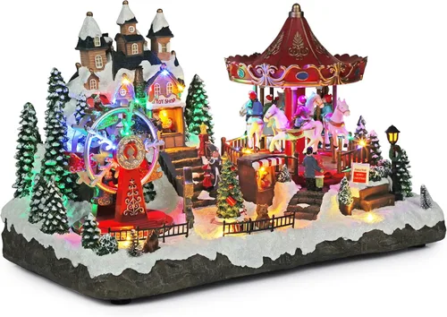 Miniatura 13 de Alpine Corporation Juego animado de invierno de 18 pulgadas de alto con 75 luces LED, música, tren móvil, decoración navideña de mesa Pueblo