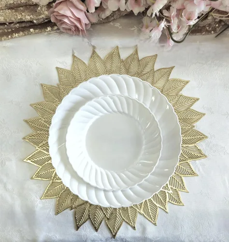 Miniatura 6 de Paquete de 10 manteles individuales metálicos de vinilo prensado/mantel individual decorativo de boda (Dhalia-dorado mate)