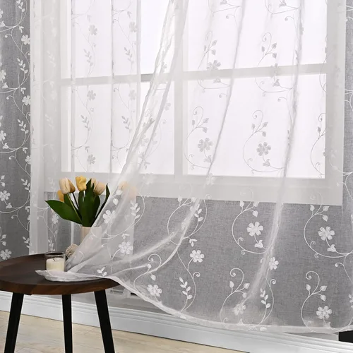 Miniatura 14 de YoungsTex Cortinas Transparentes con Diseño de Hojas de 63 Pulgadas de Largo para Ventana de Sala de Estar, Cortinas de Encaje Blanco Ligeras