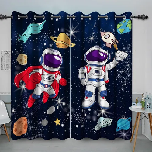 Miniatura 8 de Cortina opaca con diseño de dibujos animados para niños, diseño de luna, estrellas, planetas, cortinas de oscurecimiento con ojales inoxidables Azul