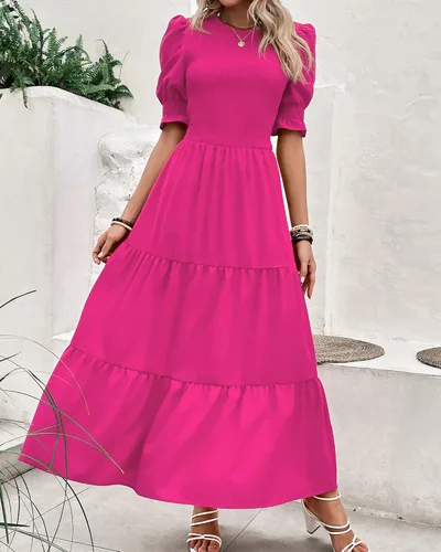 Miniatura 151 de BTFBM Vestidos para mujer, cuello redondo, casual, de verano, con volantes, manga corta, bohemio, con niveles, fruncido, largo, con estampado floral