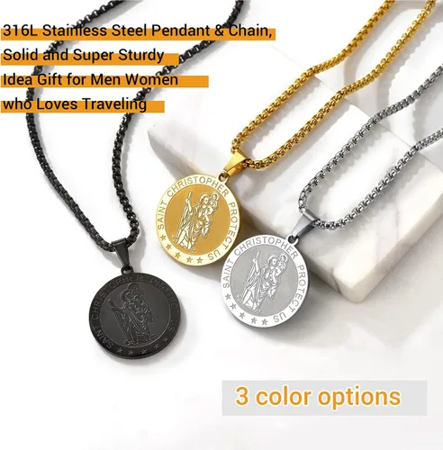 Miniatura 6 de PROSTEEL Collar de San Cristóbal de acero inoxidable para hombres y mujeres, ajustable de 22 a 24 pulgadas, chapado en oro negro18 quilates
