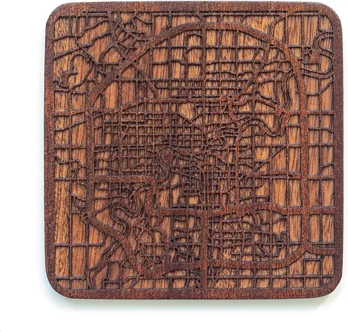 Miniatura 125 de Posavasos Amsterdam Map by O3 Design Studio, 1 pieza, posavasos de madera Sapele con mapa de la ciudad, hecho a mano, varias ciudades opcionales
