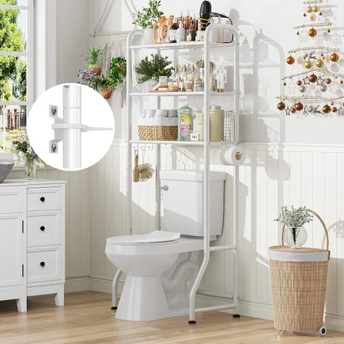 Miniatura 4 de Simple Trending Estante de almacenamiento sobre el inodoro, estante organizador de baño de metal de 3 niveles con soporte para papel y 3 ganchos