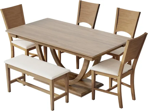 Miniatura 7 de Merax Juego de mesa de comedor de granja de 6 piezas, mesa de cocina media redonda de madera de 59.1 pulgadas con 4 sillas de comedor y banco largo