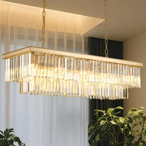Miniatura 13 de Candelabro rectangular dorado de 31.5 pulgadas – Colgante de cristal moderno de lujo de 8 luces con altura ajustable, lámpara para comedor, isla