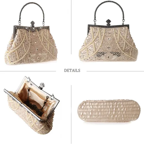 Miniatura 3 de DA BODAN Bolso de noche para mujer estilo vintage con cuentas y lentejuelas y perlas bolso de hombro para boda novia fiesta de graduación
