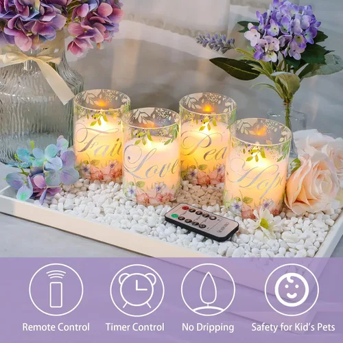 Miniatura 4 de Velas sin llama de Navidad de cristal con llama parpadeante, velas de cera real florales LED con control remoto - Juego de 4 para decoración
