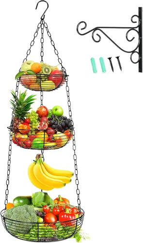 HULISEN Cesta de frutas colgante de 3 niveles con gancho para plátano, cestas colgantes de alambre resistentes de 36 pulgadas para almacenamiento de