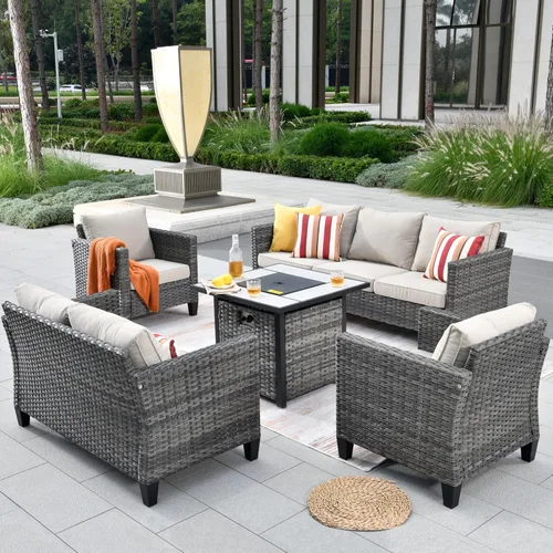 Miniatura 30 de ovios Juego de muebles de patio de 6 piezas, sillas giratorias de mimbre para exteriores con mesa para fogatas de 30 pulgadas, juego de mecedoras