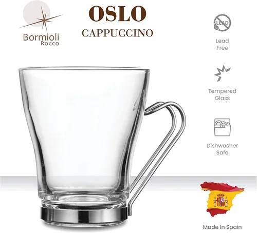 Miniatura 3 de Bormioli Rocco Oslo - Taza de vidrio templado de 7.5 onzas con mango extraíble de acero inoxidable para café, té, lattes y bebidas calientes, juego