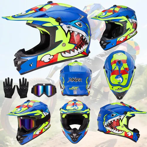 Miniatura 5 de cascos para niños y jóvenes de bicicleta todoterreno, motocross, ATV, BMX, MX, bicicleta todoterreno, casco de motocicleta J-01 con gafas y guantes