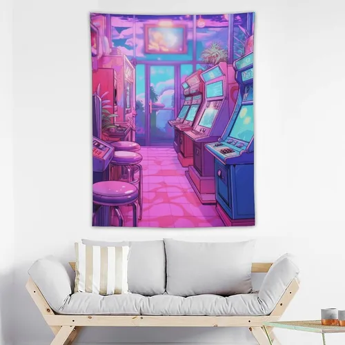 Miniatura 3 de josnmre Tapiz grande de anime de los años 80 con efecto retrowave neón Synthwave para colgar en la pared, decoración de dormitorio, sala de estar