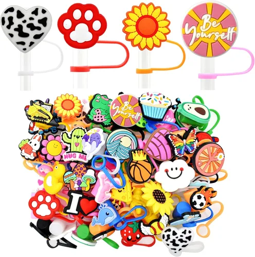 Gibleitz 100 tapas de pajita al azar de 10 mm para taza de vaso, cubiertas de pajita de PVC lindas y mixtas, a prueba de polvo y reutilizables,