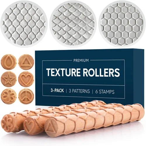 Byllstore Rodillos de textura de arcilla extra grandes con sellos de cerámica, 3 rodillos de textura, 6 sellos de arcilla, paquete de 3 (9 x 1.2