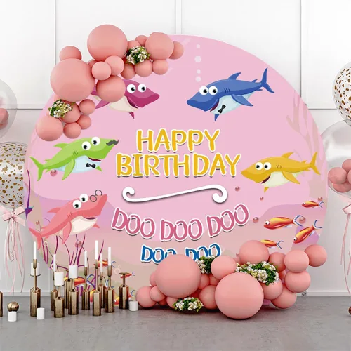 Miniatura 2 de Renaiss Fondo redondo de cumpleaños de tiburón rosa de 3 x 3 pies, diseño de peces cangrejo, tiburones de cangrejo, Doo, fondo de fotografía, fondo