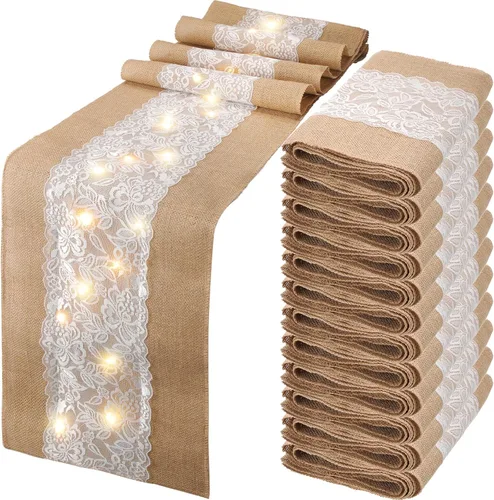 Miniatura 7 de Xinnun 6 piezas de camino de mesa de arpillera con luces de 12 x 108 pulgadas, camino de mesa de encaje de arpillera, decoración rústica de boda