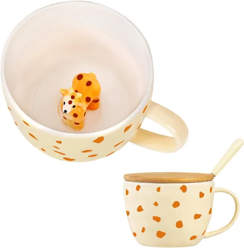 Miniatura 11 de BigNoseDeer Taza Bonita de Dinosaurio Taza de Café de Cerámica con Dinosaurio de Dibujos Animados 3D en el Interior, Tazas Divertidas con Tapa