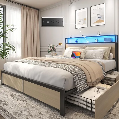 Miniatura 15 de Lifezone Estructura de Cama Full con Cabecero de Almacenamiento de 2 Niveles, Estructura de Cama de Plataforma de Metal con 4 Cajones de Marrón