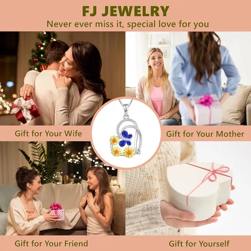 Miniatura 6 de FJ Collar de corazón de plata maciza con collar de girasoles con piedra de nacimiento de animales de mariposa