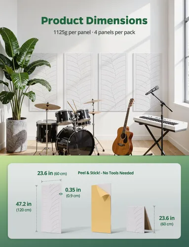 Miniatura 9 de Paquete de 4 paneles acústicos grandes que absorben el sonido para paredes de estudio, azulejos decorativos autoadhesivos de arte de hojas