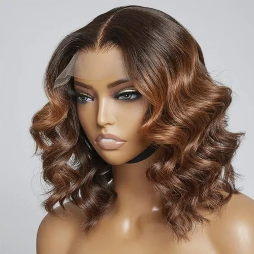 Pelucas de cabello humano corto Bob Ombre #1b/30 de color castaño medio, pelucas invisibles HD 13x4 con encaje frontal pelucas con cabello de bebé