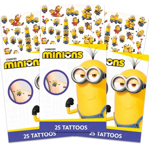 Despicable Me Paquete de recuerdos de fiesta de Minions Tattoos, 75 unidades de tatuajes temporales de Minions para niños, niños y niñas