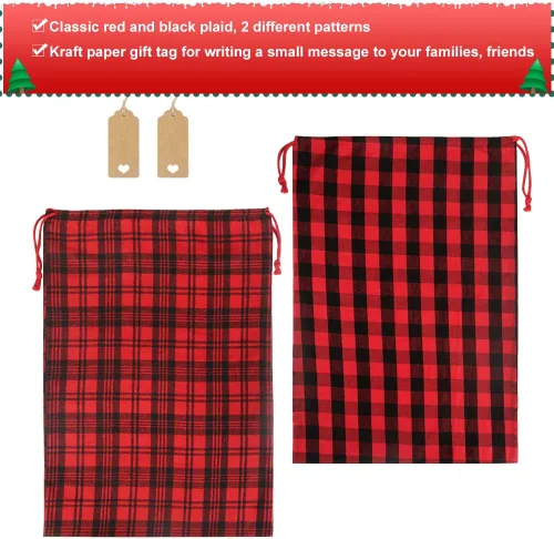 Miniatura 4 de HRX Package 2 bolsas de algodón de Papá Noel, bolsas de Navidad de tela a cuadros de 28 x 20 pulgadas, bolsas de Navidad reutilizables con etiqueta