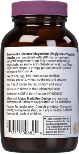 Miniatura 8 de Bluebonnet Nutrition Albion - Cápsula vegetal de magnesio quelatado, 200 mg, alivio del estrés, vegano, sin OMG, sin gluten, sin soja, sin leche