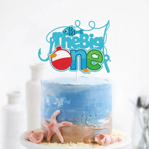Miniatura 3 de The Big One Happy Birthday Cake Topper Pesca Azul Purpurina Feliz 1er Cumpleaños Un Año de Edad Pasado Pequeño Pescador Decoración de Pasteles