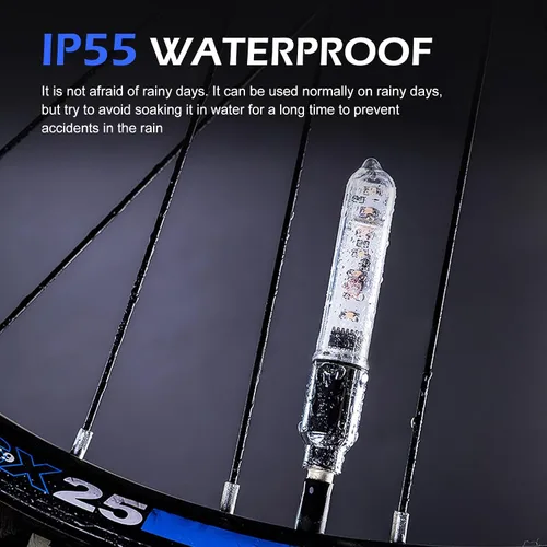 Miniatura 4 de 2 luces de vástago de válvula de neumático de bicicleta, IP55 impermeables, múltiples patrones de luz intermitente de radios de bicicleta
