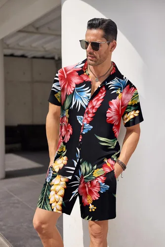 Miniatura 3 de COOFANDY Conjunto de camisa hawaiana y pantalón corto para hombre, traje de playa de 2 piezas con sombreros de pescador